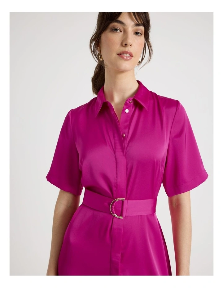 Short Sleeve Satin Midi Shirt Dress in Very Berry image 2
