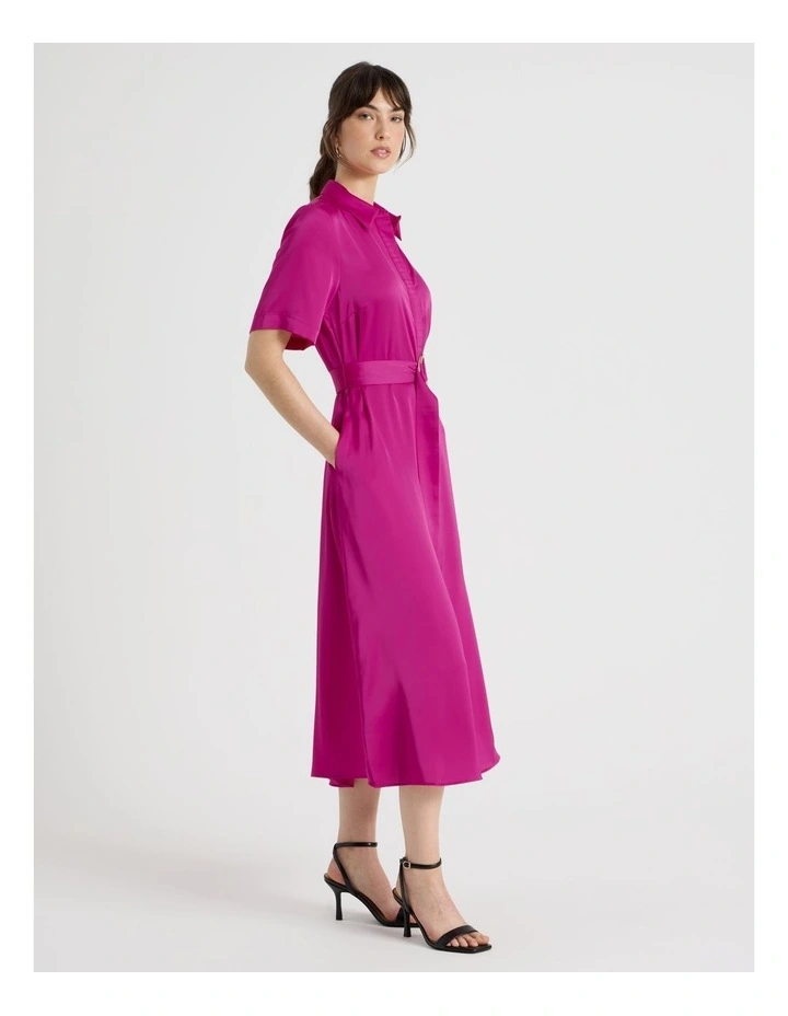 Short Sleeve Satin Midi Shirt Dress in Very Berry image 3