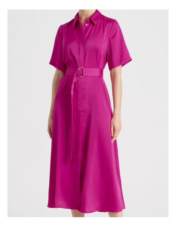 Short Sleeve Satin Midi Shirt Dress in Very Berry image 4