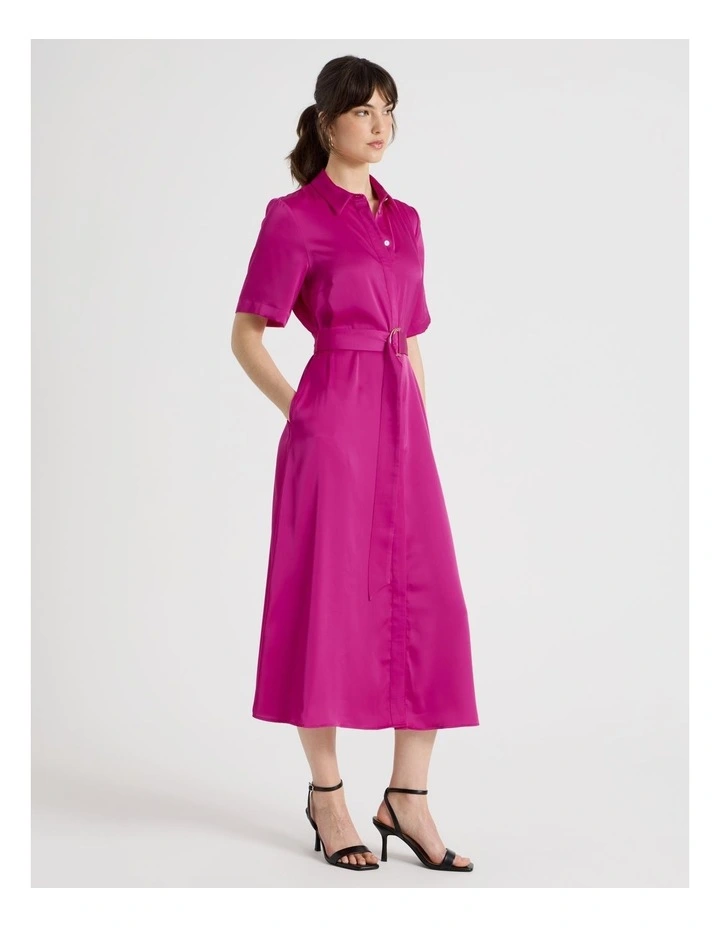 Short Sleeve Satin Midi Shirt Dress in Very Berry image 5