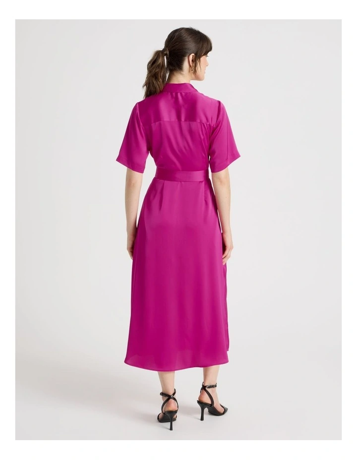 Short Sleeve Satin Midi Shirt Dress in Very Berry image 6