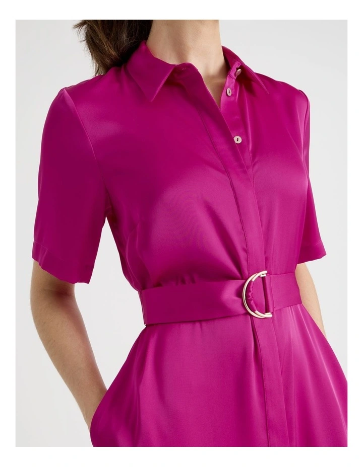 Short Sleeve Satin Midi Shirt Dress in Very Berry image 7