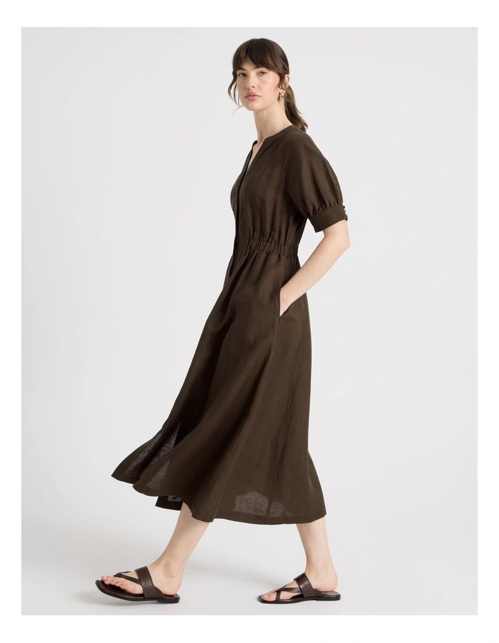 Linen Blend Puff Sleeve Placket Midi Dress in Dark Brown image 1