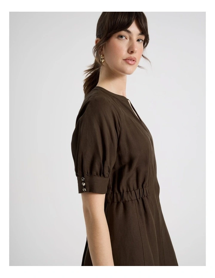 Linen Blend Puff Sleeve Placket Midi Dress in Dark Brown image 2