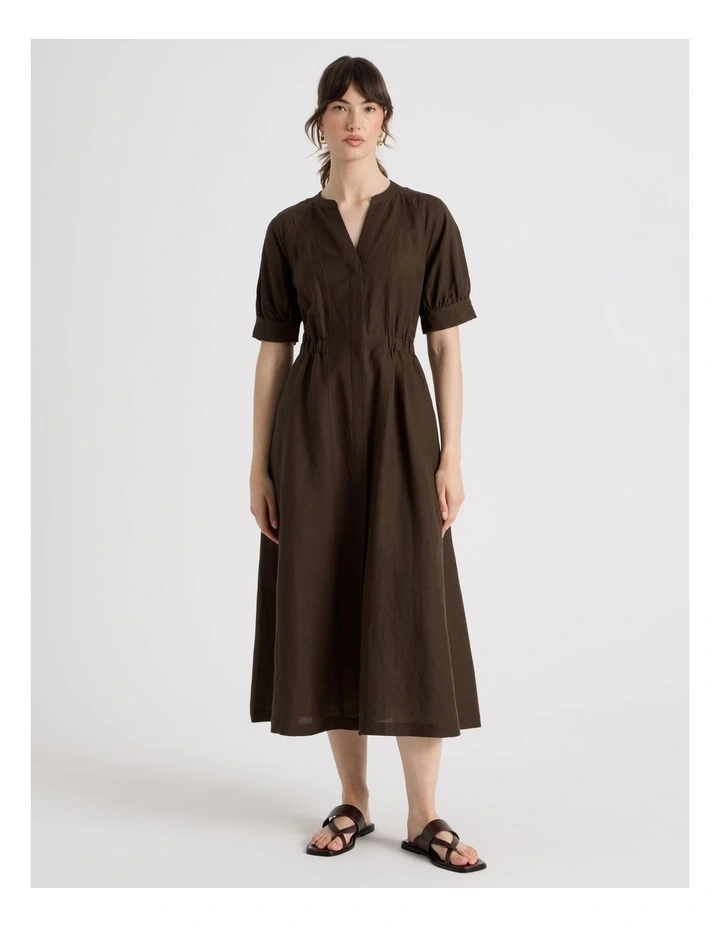 Linen Blend Puff Sleeve Placket Midi Dress in Dark Brown image 3