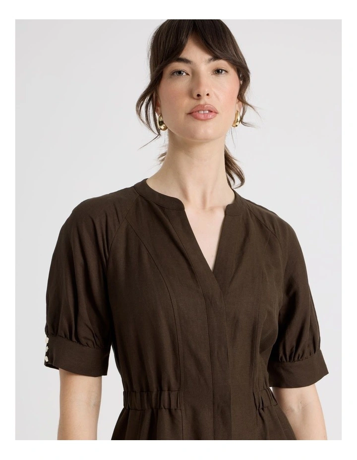 Linen Blend Puff Sleeve Placket Midi Dress in Dark Brown image 4