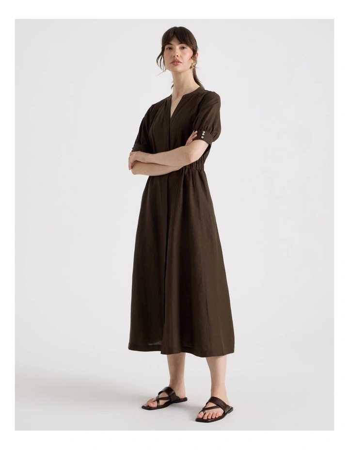 Linen Blend Puff Sleeve Placket Midi Dress in Dark Brown image 5