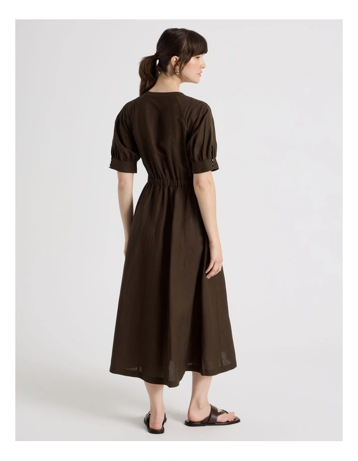 Linen Blend Puff Sleeve Placket Midi Dress in Dark Brown image 6