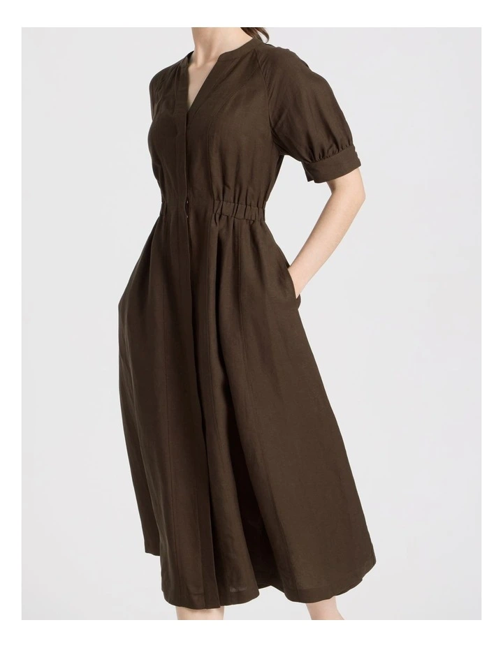 Linen Blend Puff Sleeve Placket Midi Dress in Dark Brown image 7