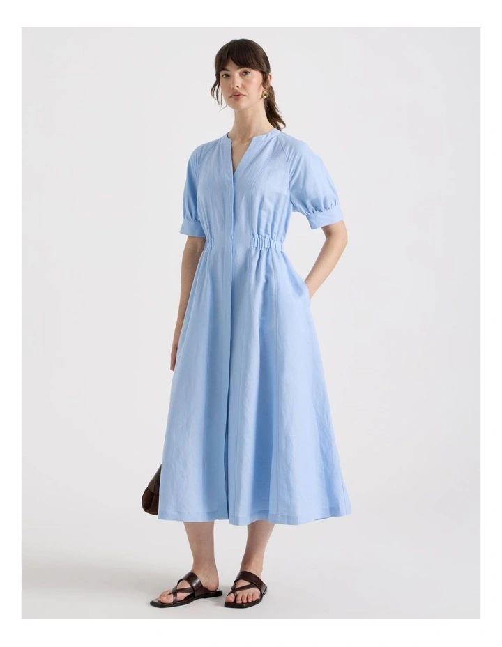 Linen Blend Puff Sleeve Placket Midi Dress in Blue image 1