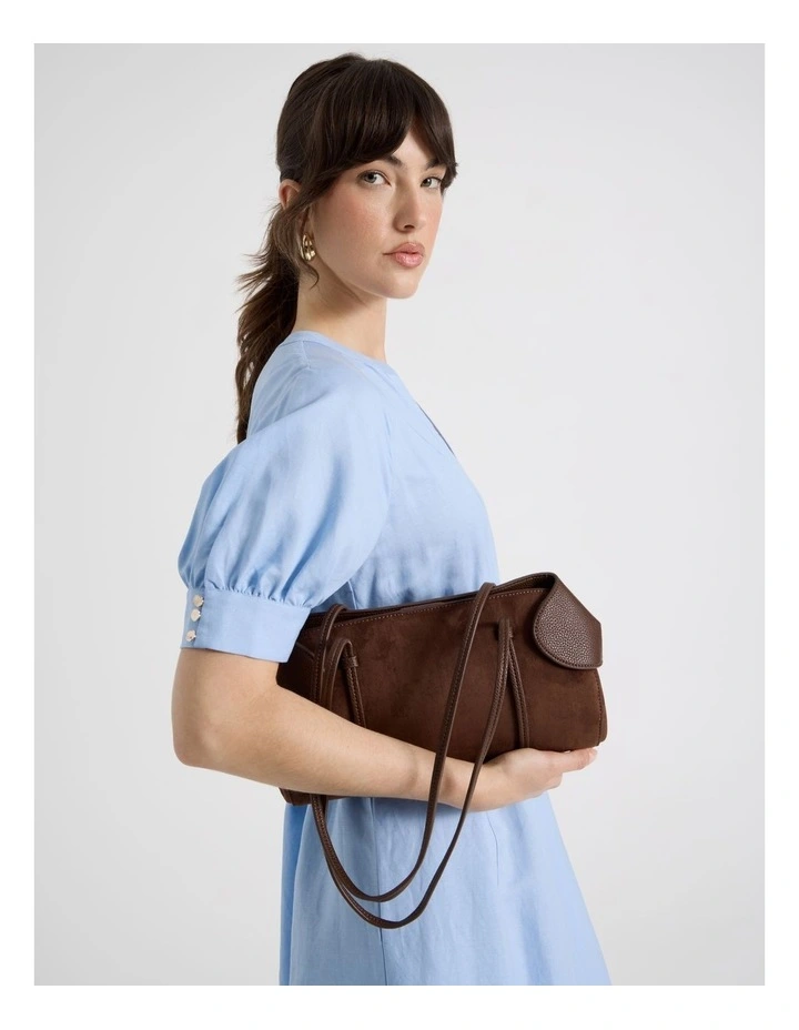 Linen Blend Puff Sleeve Placket Midi Dress in Blue image 2