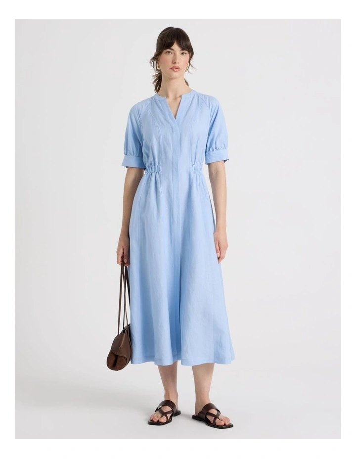 Linen Blend Puff Sleeve Placket Midi Dress in Blue image 3