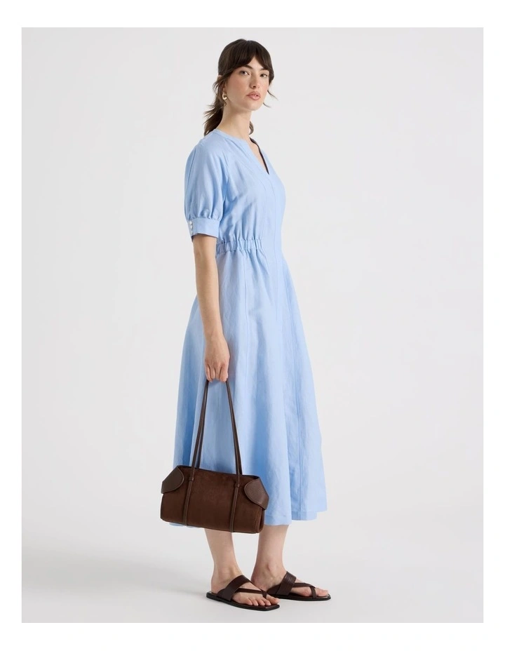 Linen Blend Puff Sleeve Placket Midi Dress in Blue image 4