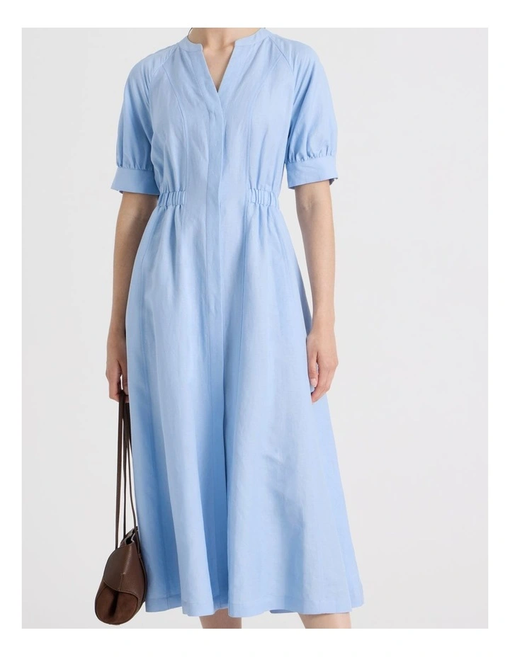 Linen Blend Puff Sleeve Placket Midi Dress in Blue image 5
