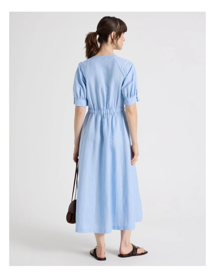 Linen Blend Puff Sleeve Placket Midi Dress in Blue image 6