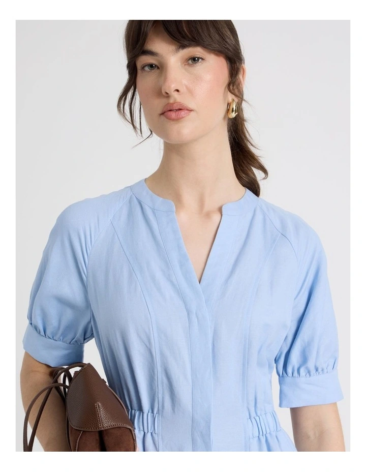 Linen Blend Puff Sleeve Placket Midi Dress in Blue image 7