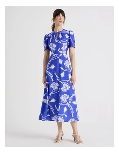 Short Sleeve Fit & Flare Midi Dress in Cobalt and White Floral Print