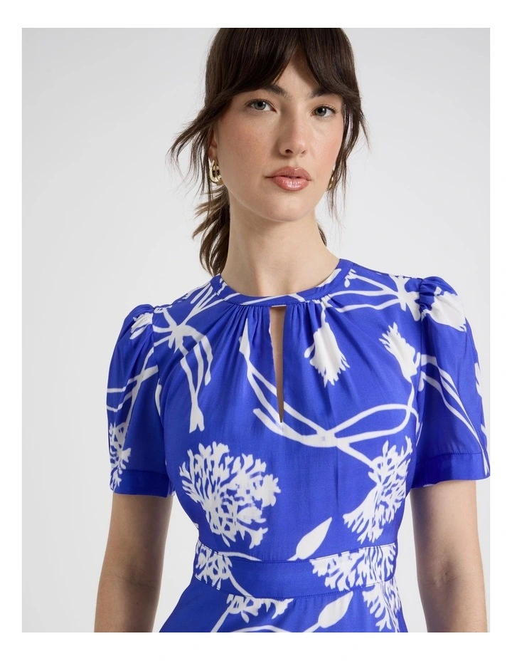 Short Sleeve Fit & Flare Midi Dress in Cobalt and White Floral Print image 2