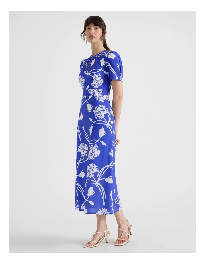 Short Sleeve Fit & Flare Midi Dress in Cobalt and White Floral Print image 3