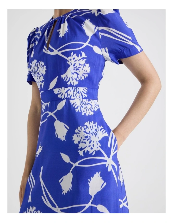 Short Sleeve Fit & Flare Midi Dress in Cobalt and White Floral Print image 4