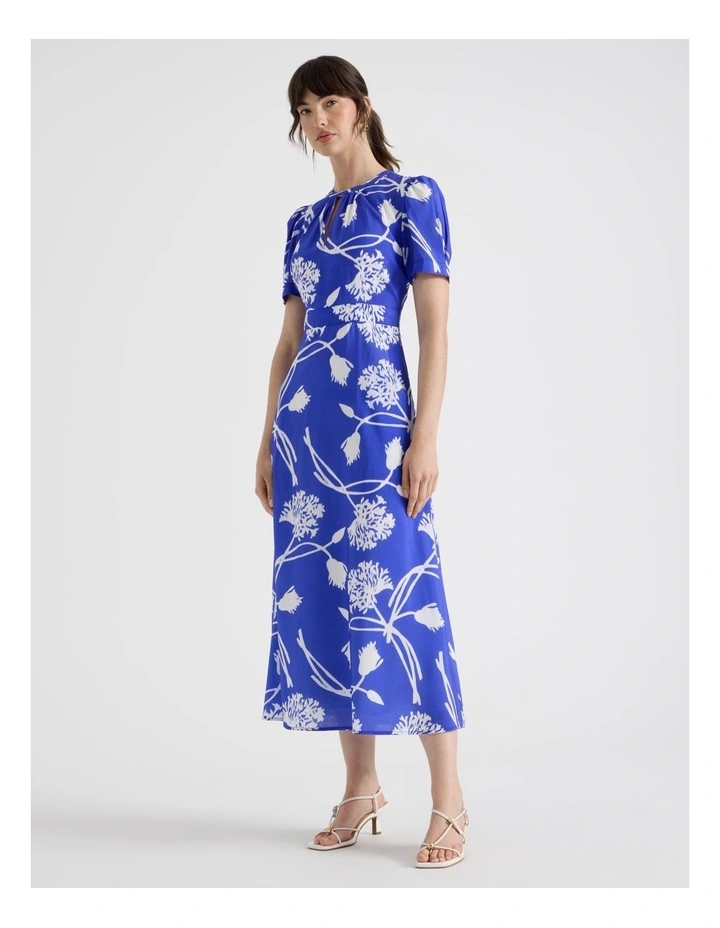 Short Sleeve Fit & Flare Midi Dress in Cobalt and White Floral Print image 5