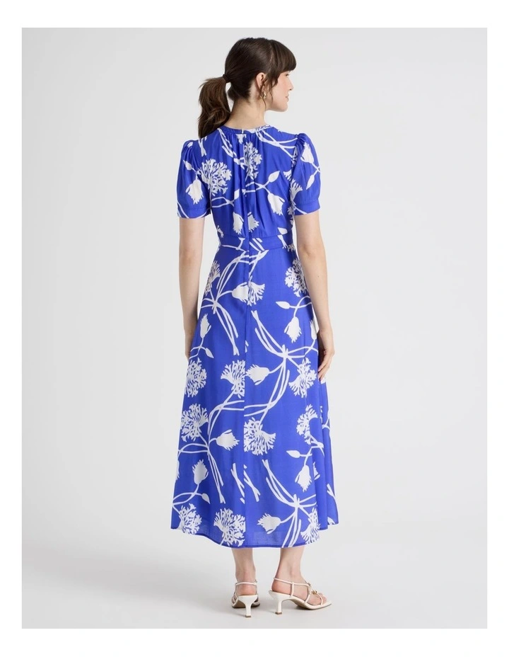 Short Sleeve Fit & Flare Midi Dress in Cobalt and White Floral Print image 6