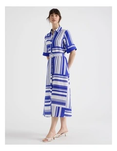 Short Sleeve Linen Blend Midi Shirt Dress in Cobalt Scarf Print