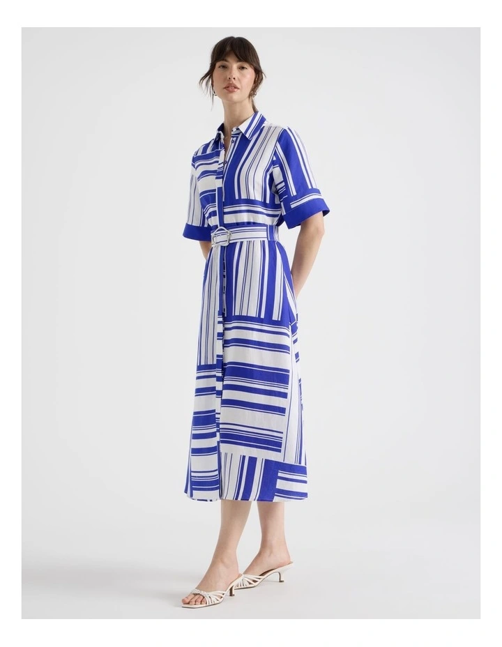 Short Sleeve Linen Blend Midi Shirt Dress in Cobalt Scarf Print image 1