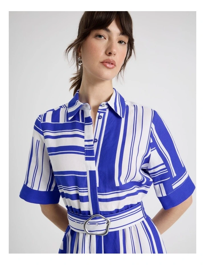 Short Sleeve Linen Blend Midi Shirt Dress in Cobalt Scarf Print image 2