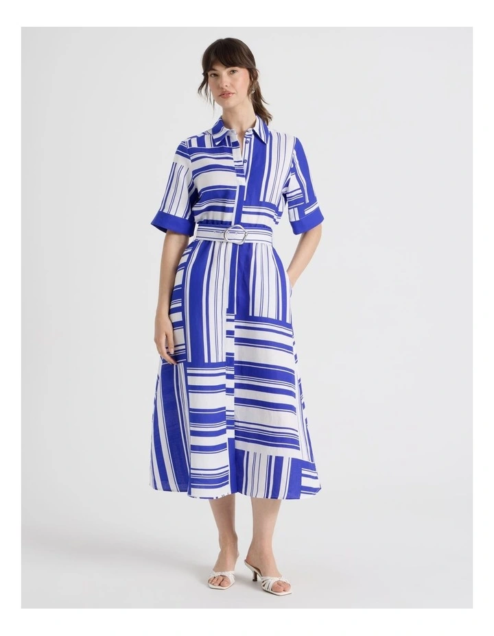 Short Sleeve Linen Blend Midi Shirt Dress in Cobalt Scarf Print image 3