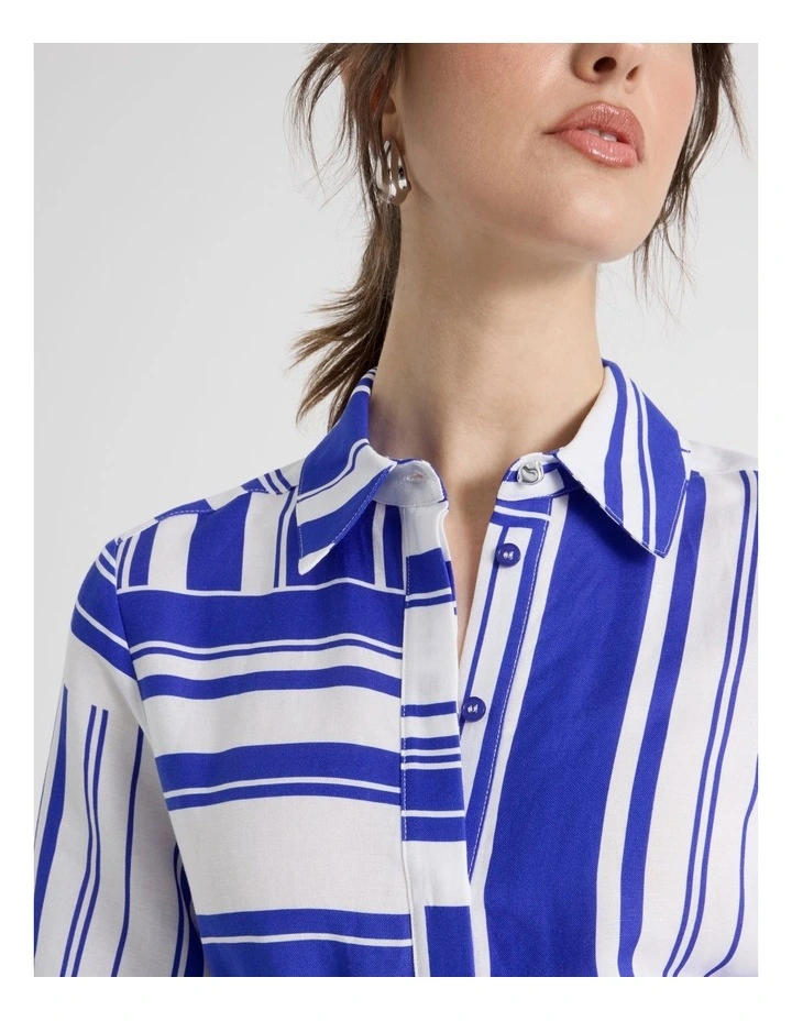 Short Sleeve Linen Blend Midi Shirt Dress in Cobalt Scarf Print image 4