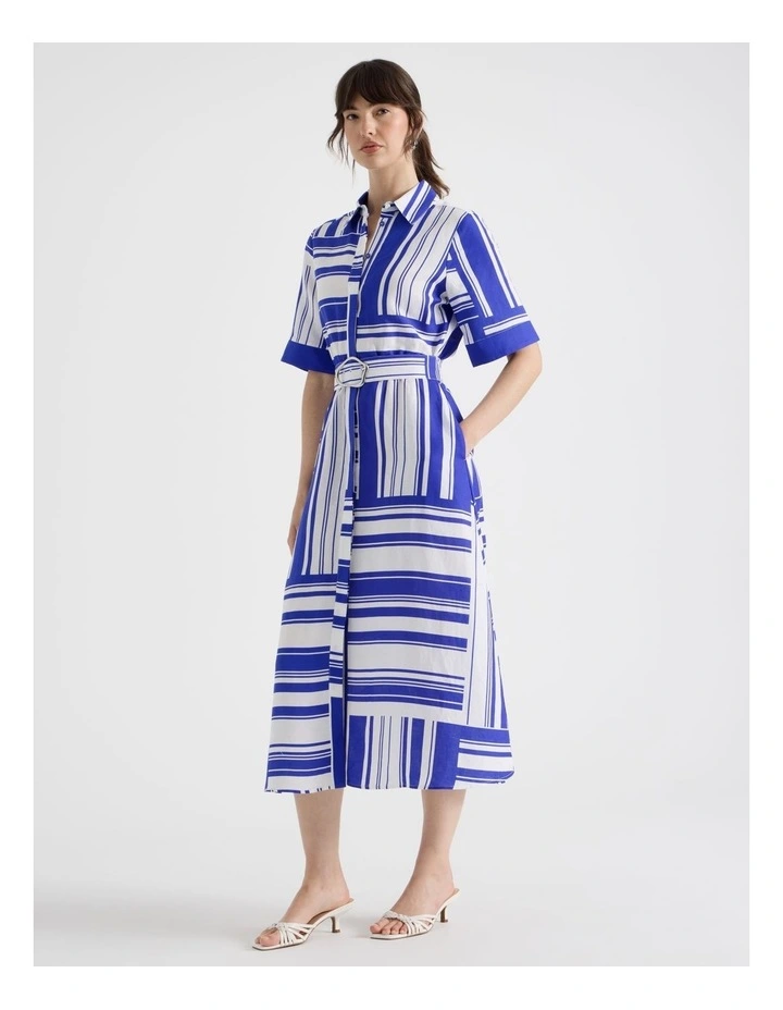 Short Sleeve Linen Blend Midi Shirt Dress in Cobalt Scarf Print image 5