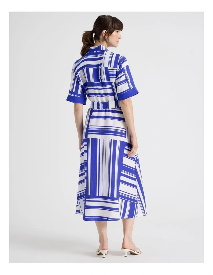 Short Sleeve Linen Blend Midi Shirt Dress in Cobalt Scarf Print image 6