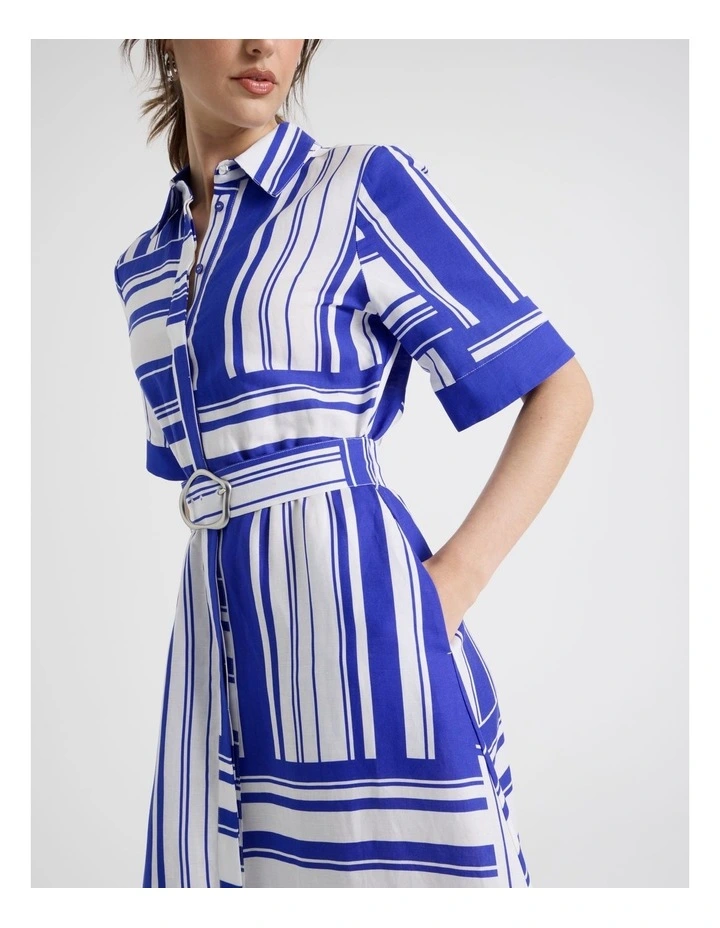 Short Sleeve Linen Blend Midi Shirt Dress in Cobalt Scarf Print image 7