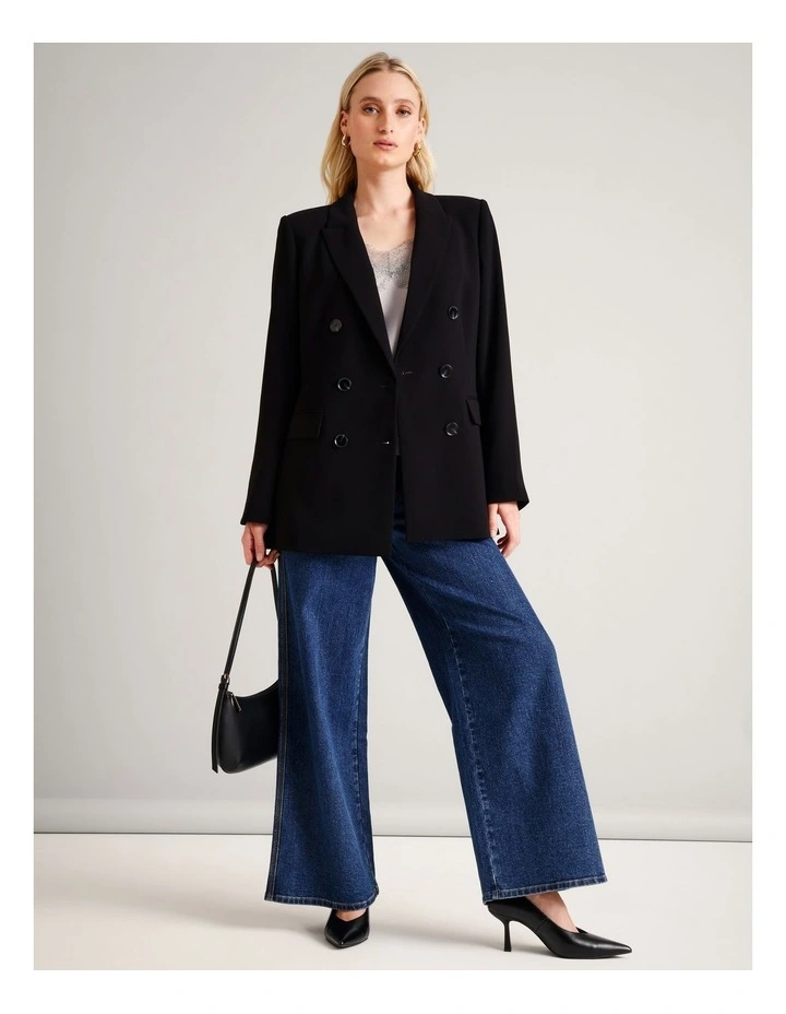 Recycled Polyester Double Breasted Crepe Blazer in Black image 1