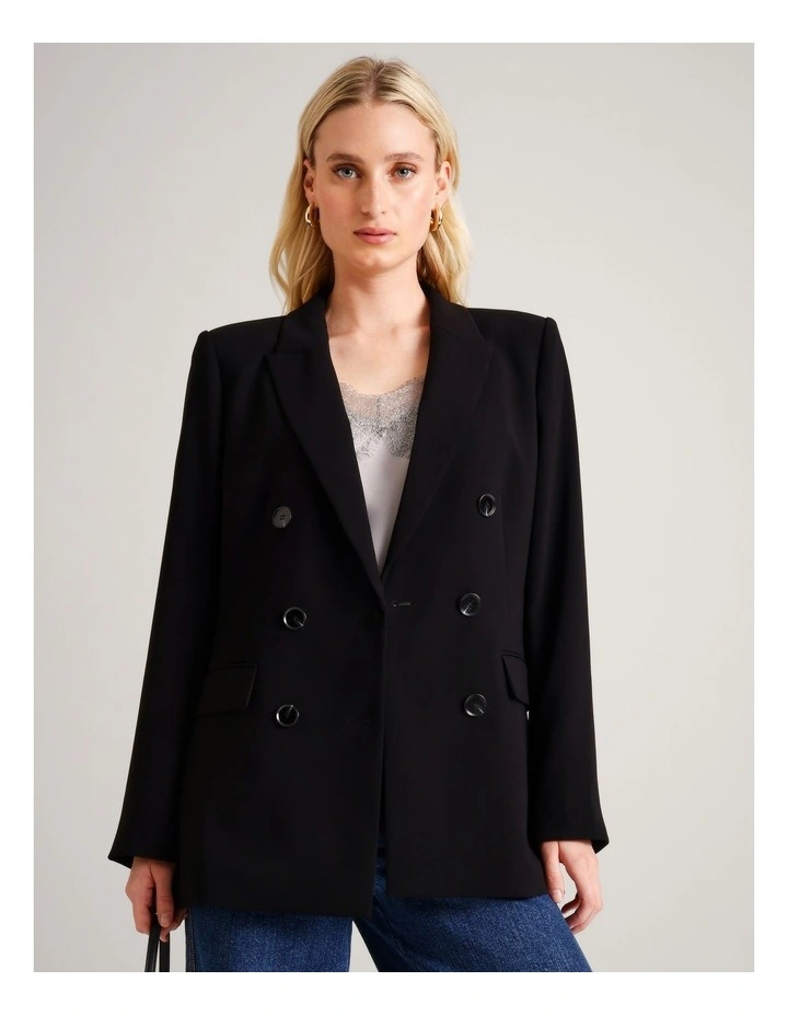 Recycled Polyester Double Breasted Crepe Blazer in Black image 2