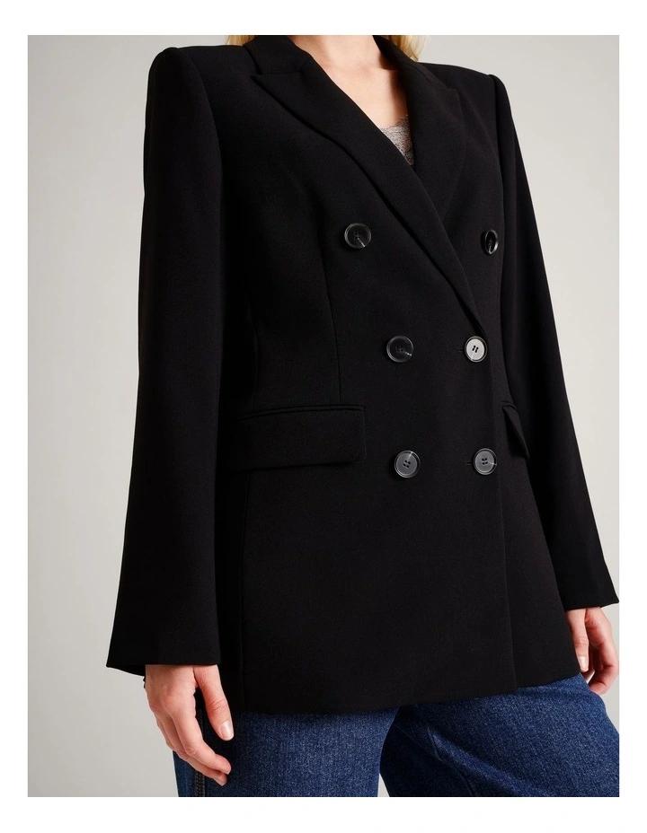 Recycled Polyester Double Breasted Crepe Blazer in Black image 3