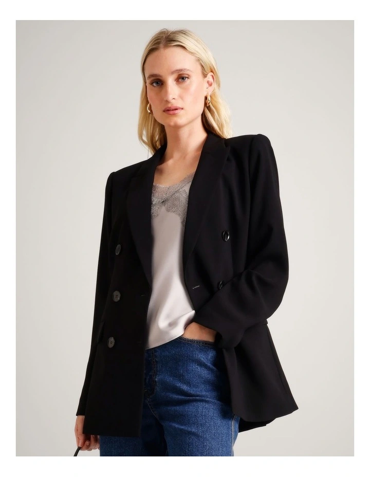 Recycled Polyester Double Breasted Crepe Blazer in Black image 4