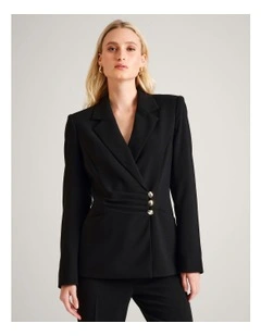Recycled Poly Ruched Detail Crepe Blazer in Black
