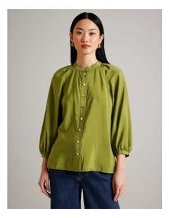 Sustainable Viscose Blend Button Through Raglan Sleeve Top in Chartreuse