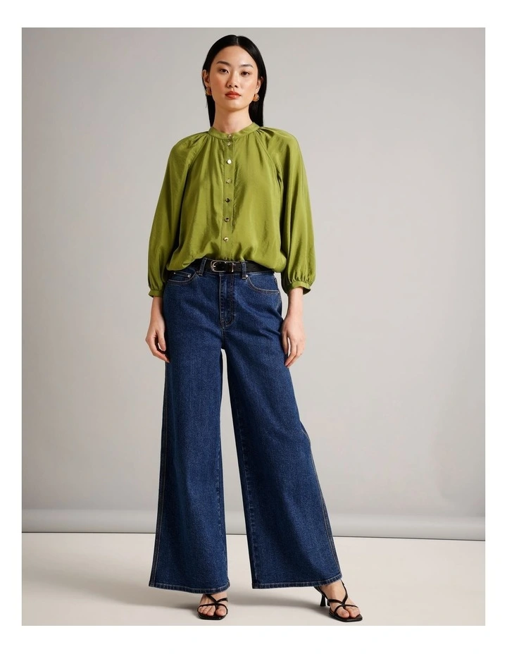 Sustainable Viscose Blend Button Through Raglan Sleeve Top in Chartreuse image 2