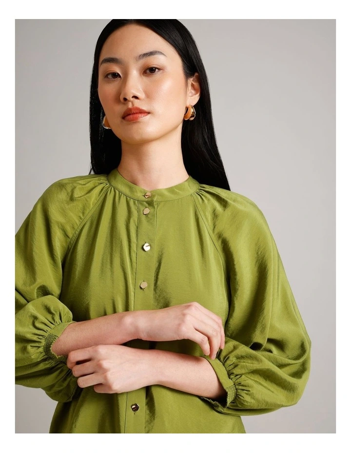 Sustainable Viscose Blend Button Through Raglan Sleeve Top in Chartreuse image 3