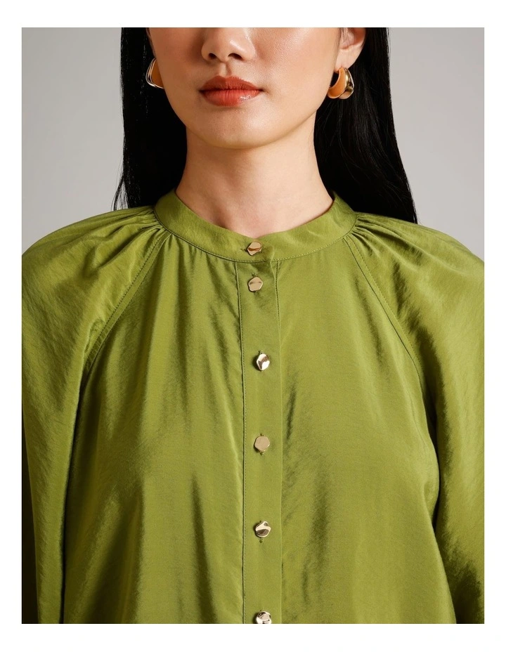 Sustainable Viscose Blend Button Through Raglan Sleeve Top in Chartreuse image 4