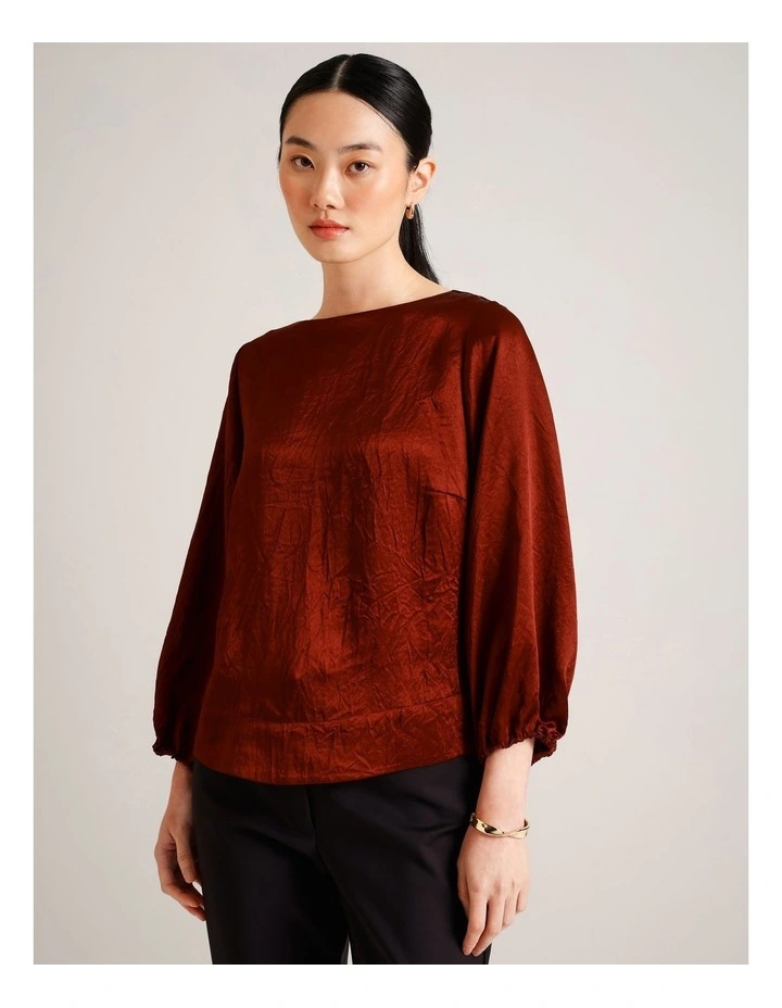 Crushed Acetate Long Sleeve Top in Rust image 1