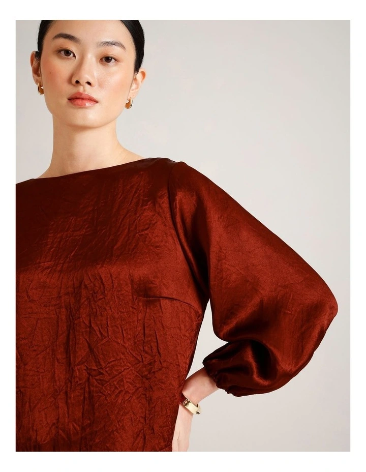 Crushed Acetate Long Sleeve Top in Rust image 2