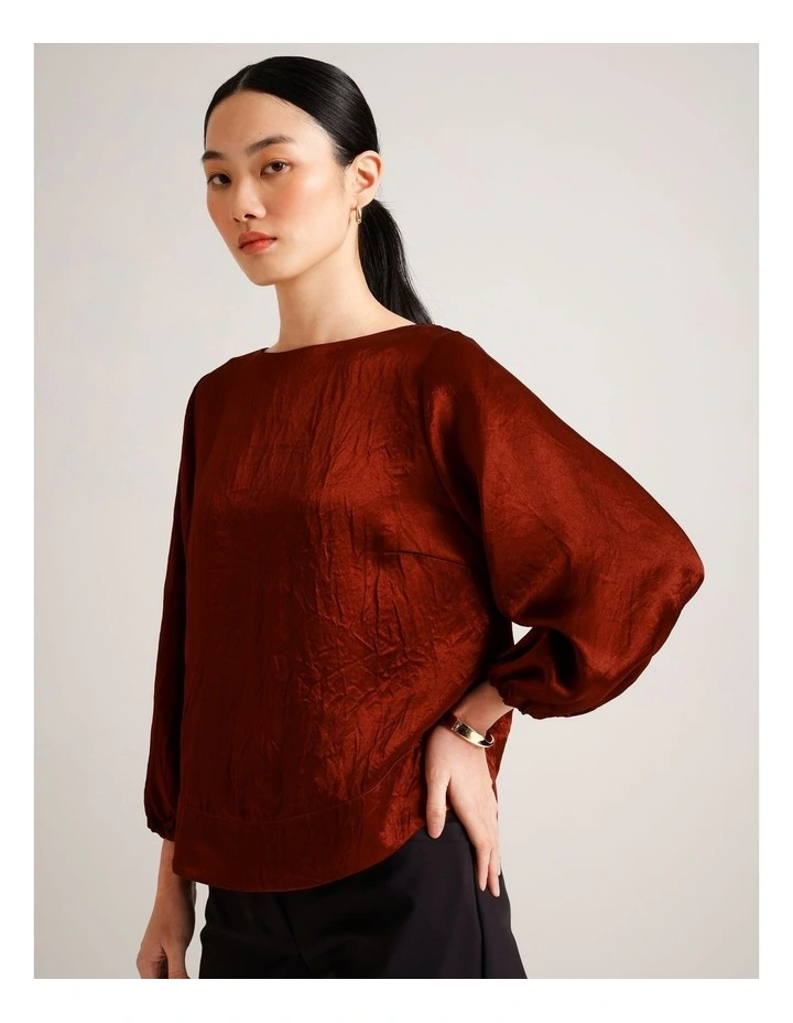 Crushed Acetate Long Sleeve Top in Rust image 5