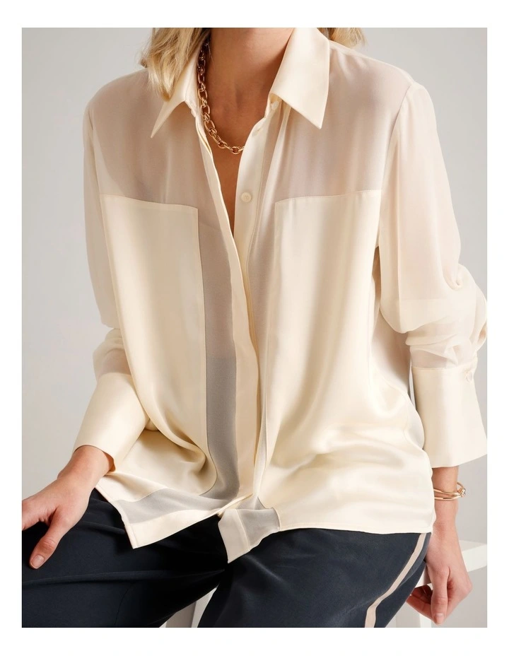 Sheer Satin Panel Shirt in Ecru image 2
