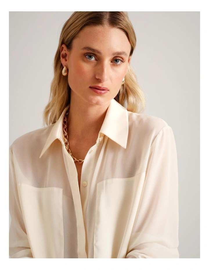 Sheer Satin Panel Shirt in Ecru image 4