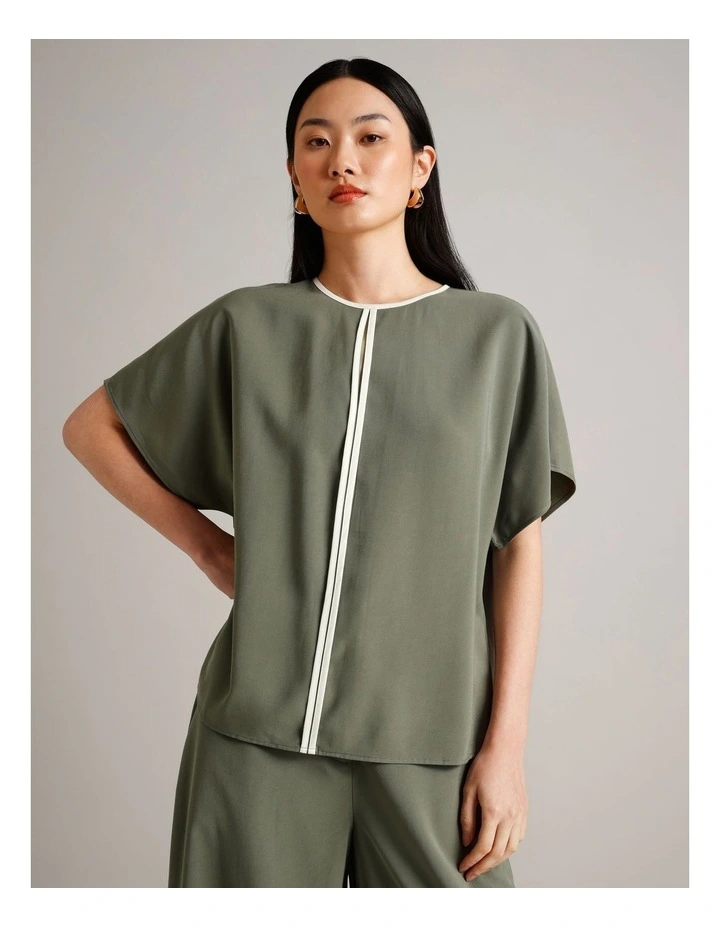 Viscose Blend Keyhole Top in Khaki image 1