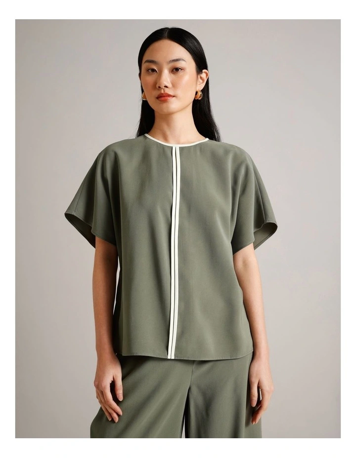 Viscose Blend Keyhole Top in Khaki image 3
